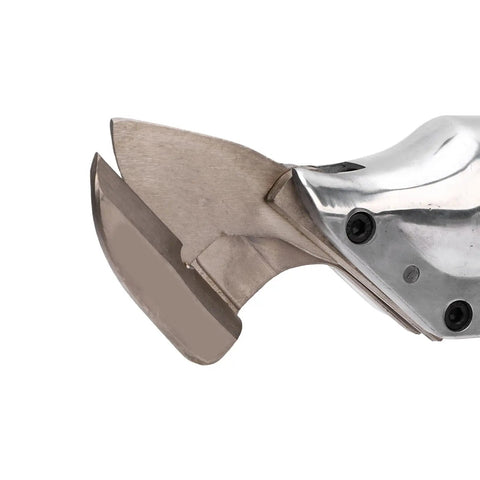 Close-up of Fafeicy Cordless Metal Shears cutting blade, showcasing stainless steel design for precise cuts in metals.