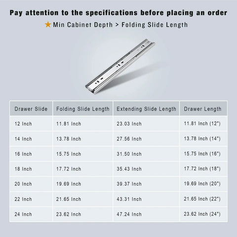 Size chart and single 12 Inch Drawer Slides Set Of 2 Soft Close Ball Bearing Full Extension Side Mount in Satin Nickel Finish