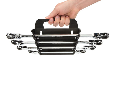 Hand holding Long Flex Ratcheting Box End Wrench Set 4 Piece With Holder Extra Long Reach For Maximum Leverage Sizes 5/16 To 3/4 Inch Wrenches