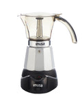 Heavy Duty Cast Aluminum Electric Espresso Maker Brews Three Or Six Cups with sleek silver design and black base.