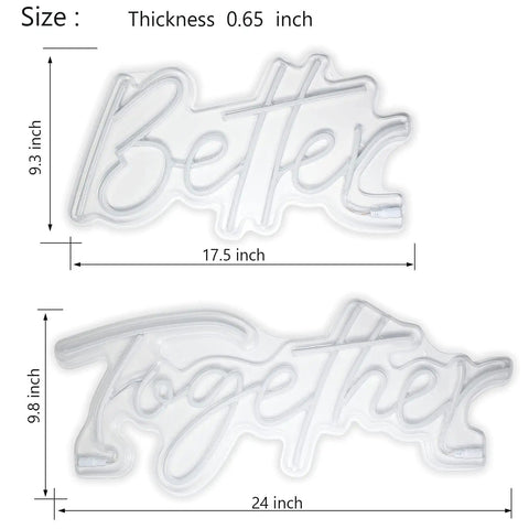 Better Together Neon Sign With Remote, Large Two Part Wedding Decor Kit, panels measure 17.5x9.3 in and 24x9.8 in, clear text design