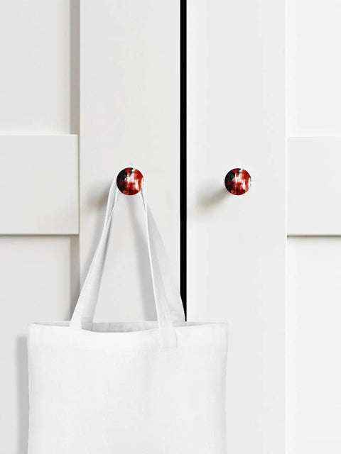 Dope Abstract Red And Black Cabinet Knobs Set 1.4 Inch Solid Beech Wood Drawer Pulls featuring red and black knobs on white cabinet.