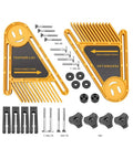 Featherboard Push Block Set for Table Saws and Miter Slots Two Pack Must Have for Woodworking Works on Router Tables and Band Saws Easy Clip On Safety Tool Yellow. Shown are two yellow featherboards with hardware included.