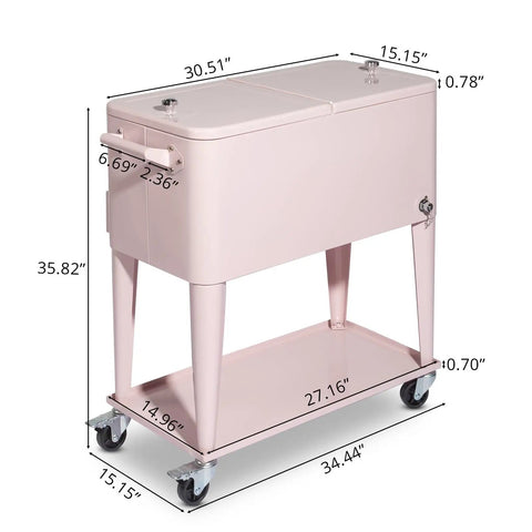 80 Quart Rolling Cooler Cart Portable Bar Drink Cooler On Wheels With Ice Chest Shelf Bottle Opener And Cap Catch For Patio Parties BBQ Beach Activities Pink Keeps Ice For Up To 48 Hours And Keeps Warm Food Above 40 C For 4 To 5 Hours displayed with measurements.
