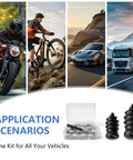 Roadside Ready Tire Repair Kit With Screw In Tubeless Plugs In 2 Sizes shown with vehicles: motorcycle, bike, car, truck
