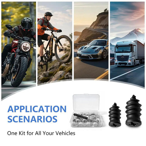 Roadside Ready Tire Repair Kit With Screw In Tubeless Plugs In 2 Sizes shown with vehicles: motorcycle, bike, car, truck