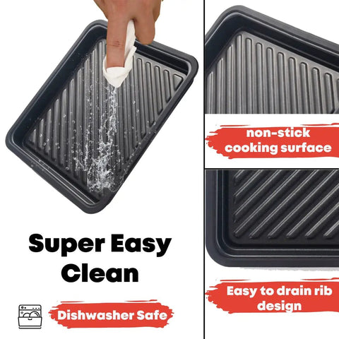 Microwave Bacon Crisper Tray, aluminum, 12x12x2.5 inches, gray, with non-stick ribbed surface, easy clean, dishwasher safe.