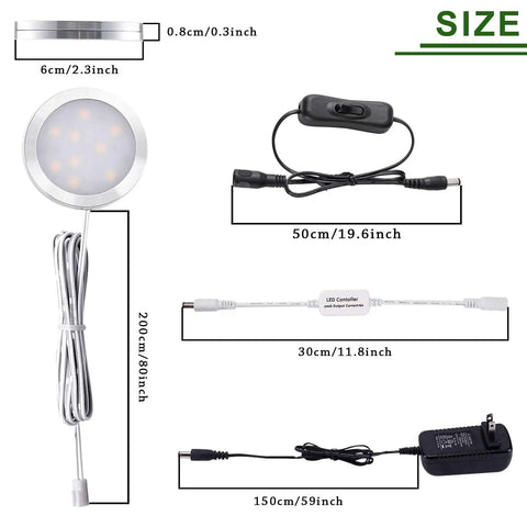 Dimensions of components in Dimmable LED Under Cabinet Lighting Kit with 6 Ultra Slim Puck Lights, 12V Plug In Adapter, Wireless RF Remote