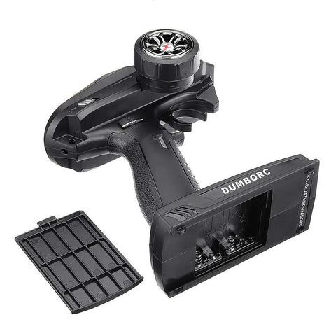 X6 Rc Transmitter with battery compartment open, featuring ergonomic grip and control dial. For RC cars, boats, and tanks.