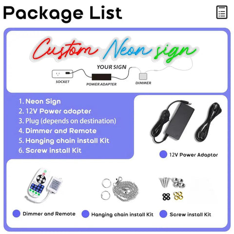 Package list for Custom Neon Sign LED Light Up Name Sign For Weddings Bars Salons Beauty Biz And Events Personalize Neon Light