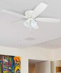 Glen Alden 52 Inch Classic Flush Mount Indoor LED Ceiling Fan with light and pull chain, white, in modern living room setting