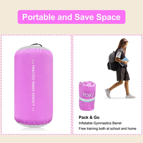 Inflatable Gymnastics Roller Tumbling Barrel 3.3ft Long By 2ft Diameter Octagon Mat Roll in pink portable pouch