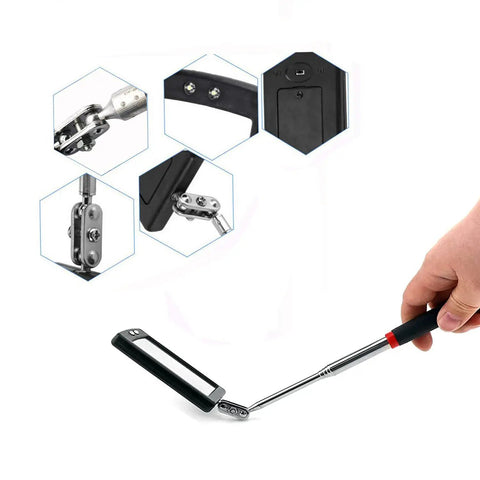 Hand holding Telescoping Inspection Mirror With Light For Car Repairs And Tight Spaces, 360 Degree Rotating Head, extendable handle