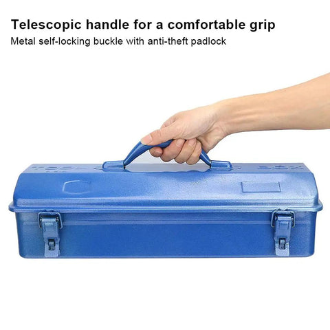 Hand holding the Badass Heavy Duty Iron Toolbox With Secure Lock And Reinforced Cross Punched Base 24 Inch, showcasing its telescopic handle.