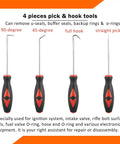 Four-piece pick and hook tool set with red-black handles, includes 90-degree, 45-degree, full hook, and straight picks for repairs.
