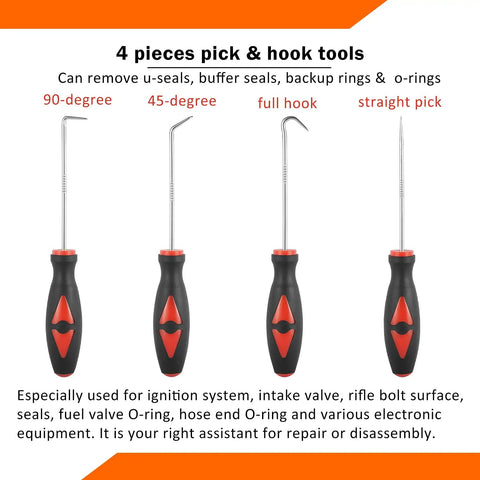 Four-piece pick and hook tool set with red-black handles, includes 90-degree, 45-degree, full hook, and straight picks for repairs.
