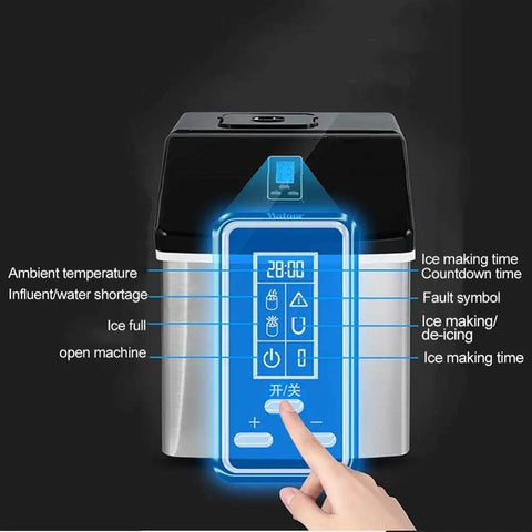 Close-up of No Drama Portable Automatic Countertop Ice Maker display panel showing controls and indicators, sleek stainless design.