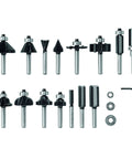 Bosch 15-piece carbide-tipped wood router bit set, front view with hex wrench and bearings