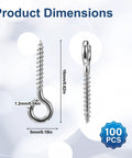 100 Pack Stainless Steel Eye Hooks 0.66 Inch Silver Heavy Duty Eye Screws dimensions showing 16mm length and 1.2mm thickness.