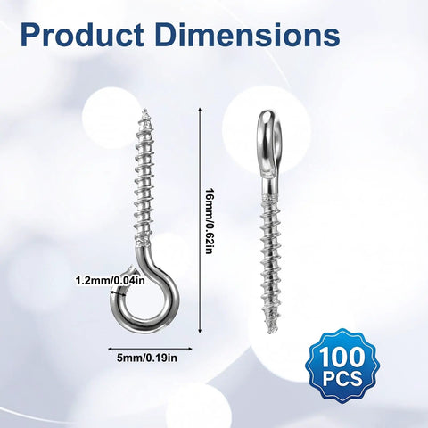 100 Pack Stainless Steel Eye Hooks 0.66 Inch Silver Heavy Duty Eye Screws dimensions showing 16mm length and 1.2mm thickness.