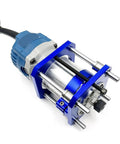 Solid As A Rock Aluminum Router Lift Base And Dead Nuts Precise Adjustable Lifting Kit For Woodshop Router Tables With Smooth Zero To Fifty Four Millimeter Height Fine Tune, featuring blue aluminum frame and router attachment.