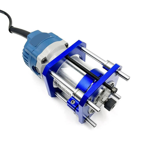 Solid As A Rock Aluminum Router Lift Base And Dead Nuts Precise Adjustable Lifting Kit For Woodshop Router Tables With Smooth Zero To Fifty Four Millimeter Height Fine Tune, featuring blue aluminum frame and router attachment.