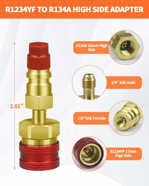 R134A to R1234YF Quick Coupler Adapter Kit for AC Charging, brass adapter with red cap, 14mm F to 1/4in SAE M