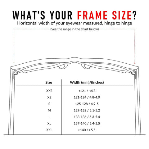 Eyewear frame size chart showing measurements from XXS to XXL in mm and inches.