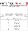 Sunglasses frame size chart showing size options from XXS to XXL with measurements in mm and inches.
