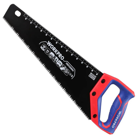 16 Inch Universal Handsaw With Non Slip Ergonomic Handle Anti Rust SK5 Steel Blade With Black Teflon Coating Chip Removal Design Heavy Duty For Cutting Wood Laminate And PVC DIY Projects