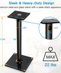 Universal Floor Speaker Stands For Surround Sound Up To 22 Lbs With 27.56 Inch Height, showcasing build and dimensions.