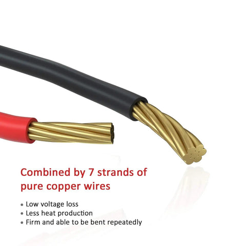 Close-up of 7-strand pure copper wires with black and red insulation from 100 Pcs 5mm Prewired 12V UV LED Diodes Kit With 9.4 Inch Wire Leads Ultra Bright Assorted Color LEDs For Circuit Experiments And DIY Lighting Projects Cuttable Copper Wires Low Heat Reliable Performance