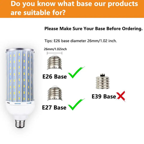 Ultra Bright 60W LED Corn Light Bulb E26 E27 Base 6000K Daylight 6000LM diagram with base compatibility information