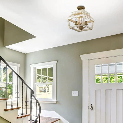 Haiden Semi Flush Mount Ceiling Light In Burnished Chestnut With Distressed Light Gray Cedar Wood Frame in foyer setting