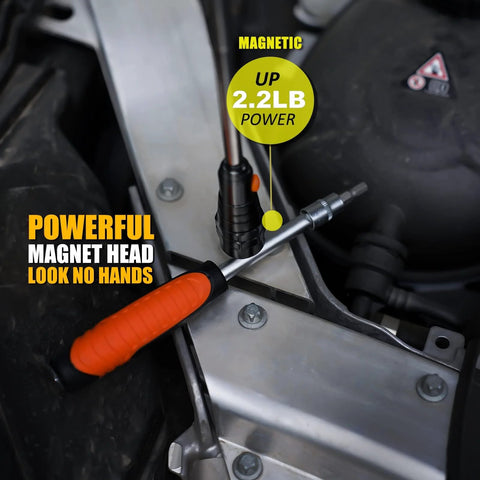 Magnetic pickup tool with telescoping shaft, black magnet head, orange grip