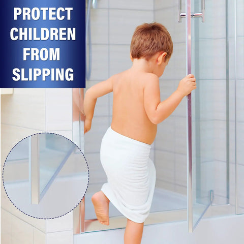 Child stepping into shower with 108 Inch Silicone Shower Door Seal Strip Bottom Sweep For Swing Glass Doors Waterproof Replacement For Home Bathroom Clear Style Keeps Water In And Stops Leaks No Leak Seal.
