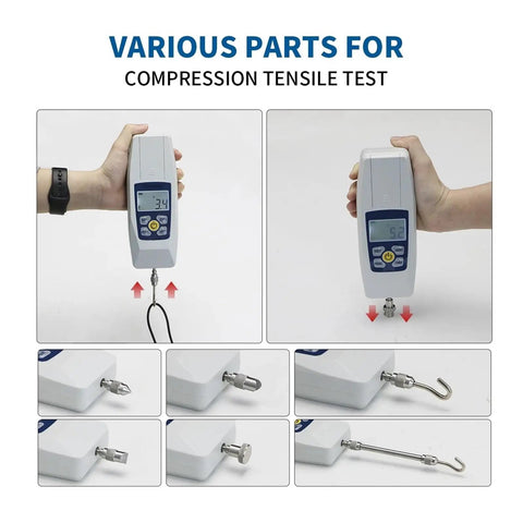 Compact Push And Pull Tester Meter For Tension And Compression Testing With Real Time Peak And First Peak Modes, Four Unit Options N Kg Lb Oz, Pro Grade Precision And High Resolution, Acceleration Setting For Accurate Measurements, with test attachments
