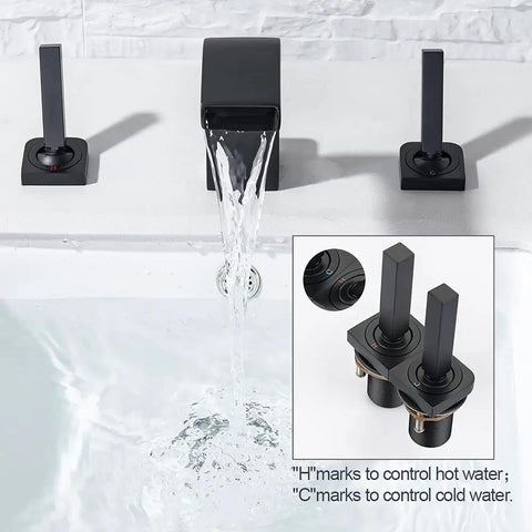 8 Inch Waterfall Bathroom Faucet For Sink, Widespread 3 Hole Lavatory Tap With High Arc Basin Mixer, Matte Black Sleek Two Handle Vanity Faucet Set For Bathroom Or Powder Room, Easy Install