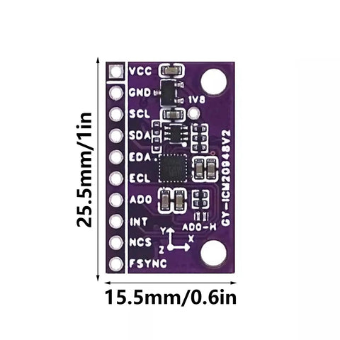 Dope 9 Axis IMU Sensor Module With 9DOF Gyro Magnetometer ICM20948V2 For DIY Electronics Robotics Drones Motion Tracking And AR VR Projects Also Great For STEM Builds, 25.5mm x 15.5mm purple PCB