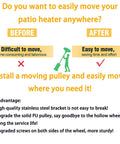 Universal patio heater wheel kit with stainless steel silver bracket and black wheels, gas heater wheel replacement
