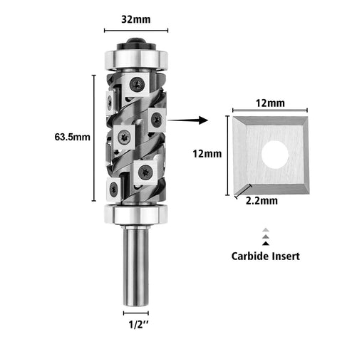 Top And Bottom Bearing Flush Trim Router Bit With Half Inch Shank Pro Grade Industrial Woodworking Tool Featuring 14 Replaceable Carbide Inserts 65mm Cutting Length 32mm Diameter For Accurate Edge Matching shown with dimensions and carbide insert.