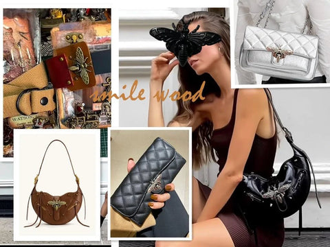 Honeybee-shaped turn-lock purse clasps, five sets in dark metal, shown on brown, black, and gray handbags.