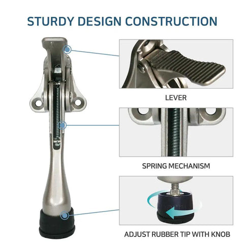 Heavy Duty Kickdown Door Stopper Set Of Four detail view showing sturdy lever and adjustable rubber tip for easy installation.