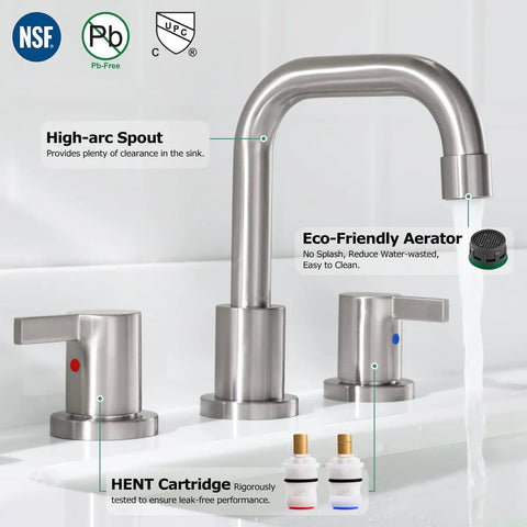 Two Handle Widespread Bathroom Faucet In Brushed Nickel With Metal Pop Up Drain, cUPC Certified, Quick Connect Supply Lines Included