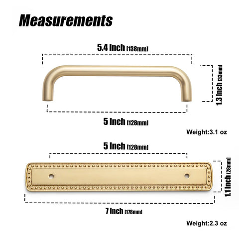 Champagne Bronze Cabinet Pulls With Bead Edge Backplates, 5 Inch Hole Centers, Solid Zinc Alloy Construction dimensions chart