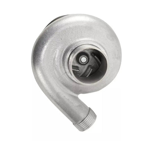 Front view of 1000W Micro Hydro Turbine Generator For Home Use, metallic snail-shaped turbine, part of portable water power system.