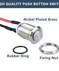 Two Pack 12mm Momentary Metal Waterproof Push Button Switch With Raised Head Half Inch Mounting Hole Pre Soldered Cable 250V 2A 1NO Built For Rugged Use For DIYers Outdoor Installations showing switch, rubber ring, and fixing nut.