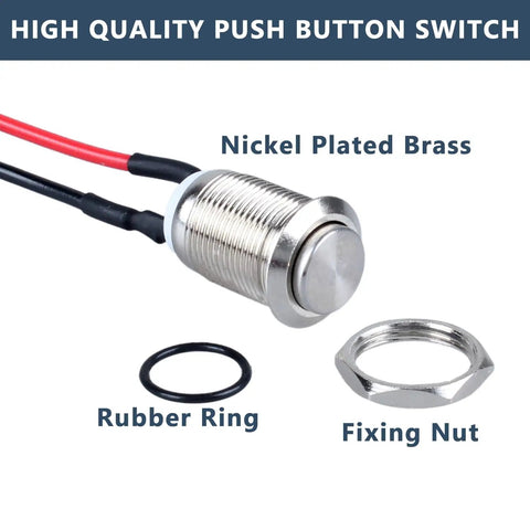 Two Pack 12mm Momentary Metal Waterproof Push Button Switch With Raised Head Half Inch Mounting Hole Pre Soldered Cable 250V 2A 1NO Built For Rugged Use For DIYers Outdoor Installations showing switch, rubber ring, and fixing nut.