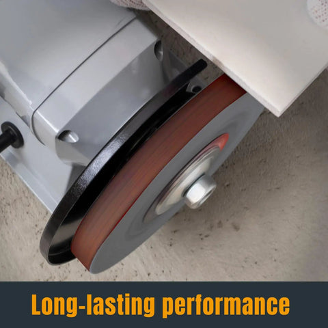 Close-up of 3/8 x 13 inch sanding belt on a metal sander, showcasing durability, Three Eighths Inch By Thirteen Inch Sanding Belts Ten Pack 150 Grit Aluminum Oxide Belts For Air Belt And Band File Sander DIY Pro Grade Woodworking Knife Sharpening And Metal Polishing