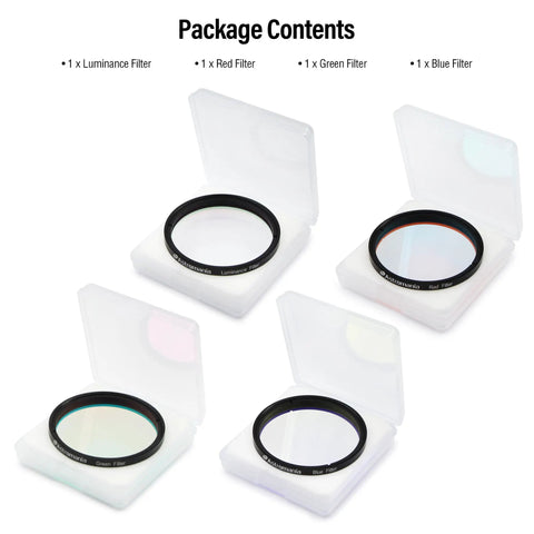 Deluxe LRGB 2 Inch Filter Set For Astrophotography With Monochrome CCD Cameras Blocks UV And IR For Crazy Sharp High Contrast Images Includes Luminance Red Green Blue Filters in packaging.